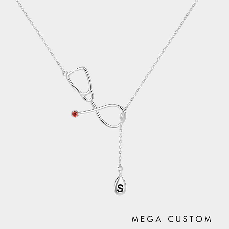 Personalized Personalized Stethoscope Y-Shaped Stethoscope Necklace – Customizable with birthstone and letter teardrop pendant 925 Sterling Silver Gifts for Her