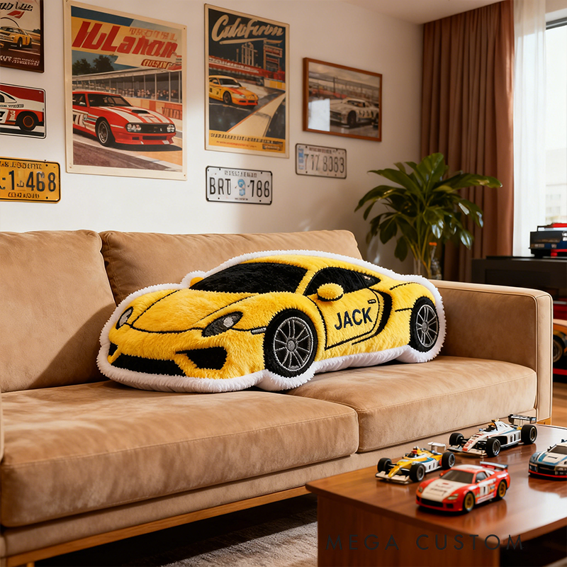 Personalized Yellow Racing Car Pillow with Custom Name 3D Graphic Print Unique Cushion Gifts