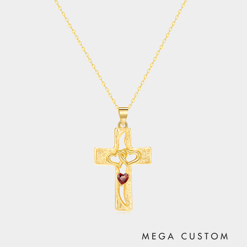 Personalized Sterling Silver Cross Interlocking Hearts Name and Birthstone Necklace