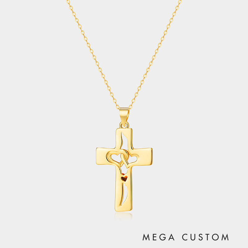 Personalized Sterling Silver Cross Interlocking Hearts Name and Birthstone Necklace