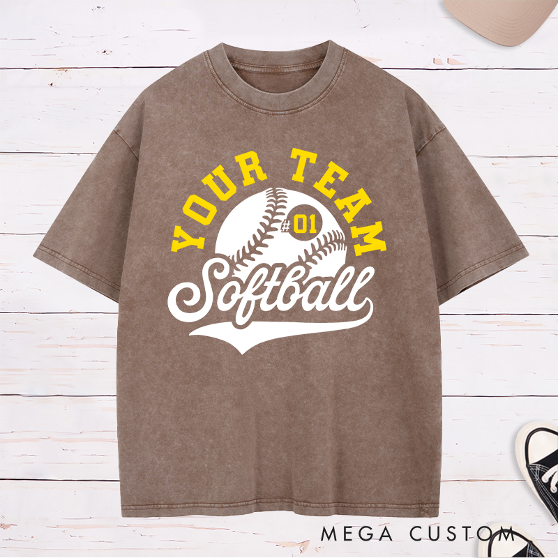 Personalized Softball Washed T-Shirt Team Logo Design Featuring a Customizable Team Name Dynamic Softball Graphic and Customizable Player Number