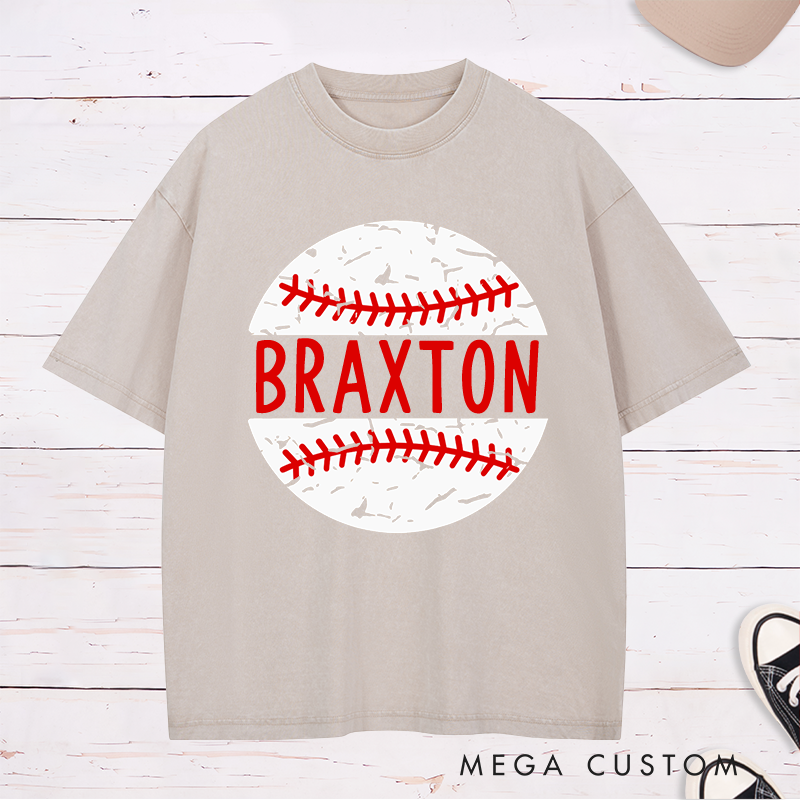 Personalized Baseball Team Washed T-Shirts with Custom Name and Distressed Ball Graphic