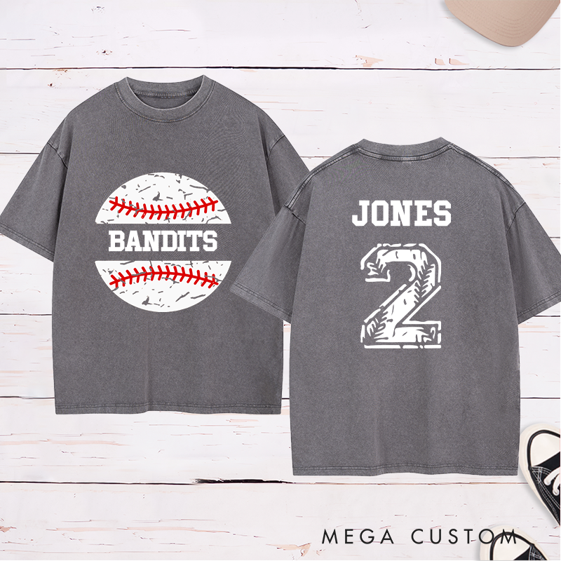 Personalized Baseball Team Washed T-Shirt with Vintage Baseball Design and Custom Name and Number