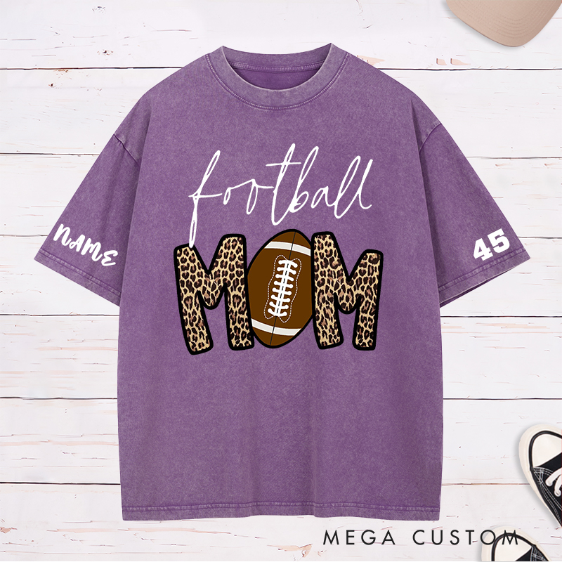 Personalized American Football Mom Washed T-Shirts with Custom Name and Number for Mother's Day