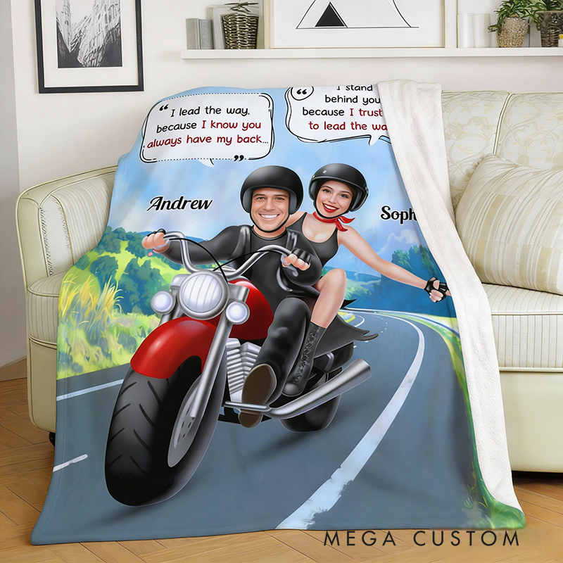 Personalized Biker Couple Blanket I Lead the Way Because I Know You Always Have My Back Blanket Gift for Motorcycle Lovers