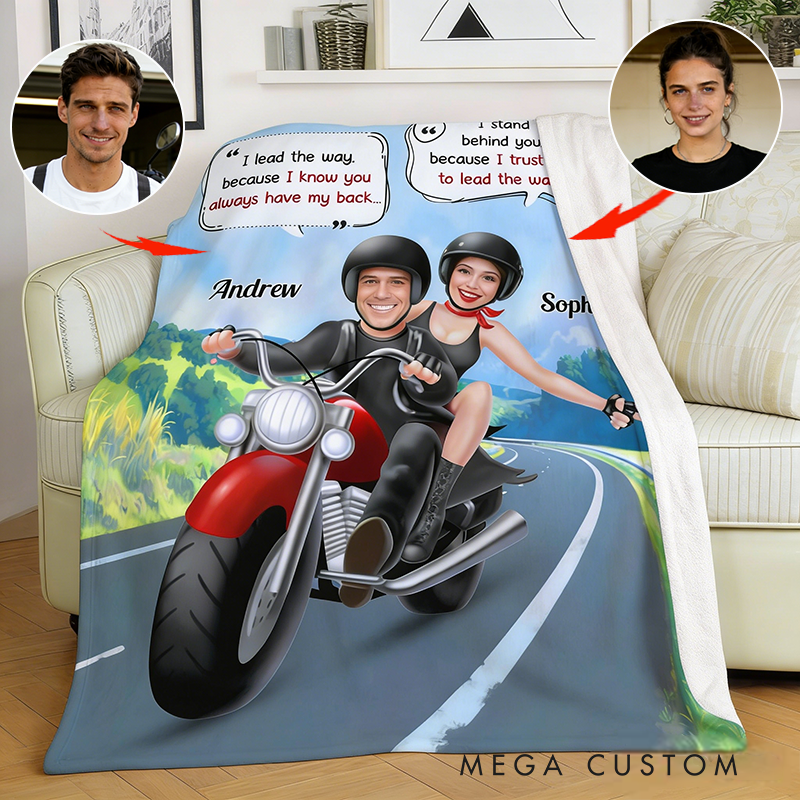 Personalized Biker Couple Blanket I Lead the Way Because I Know You Always Have My Back Blanket Gift for Motorcycle Lovers