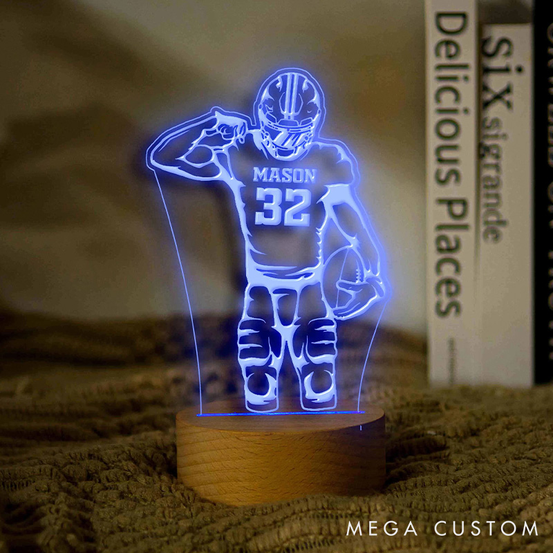 Personalized American Football Player LED Night Light with Custom Name and Number for Unique Gift