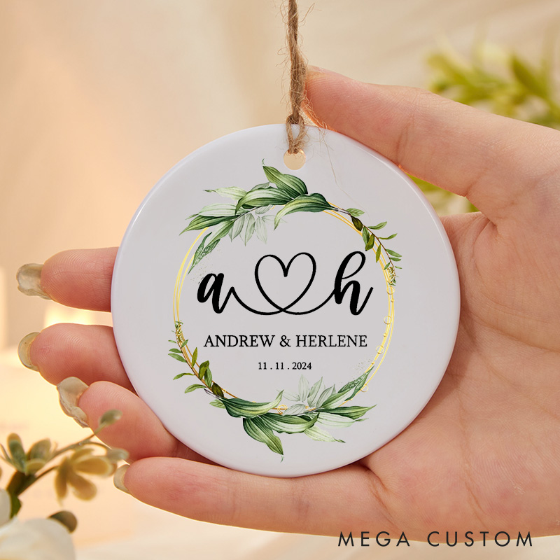 Personalised Greenery Wreath Wedding Ceramic Round Shape Ornament