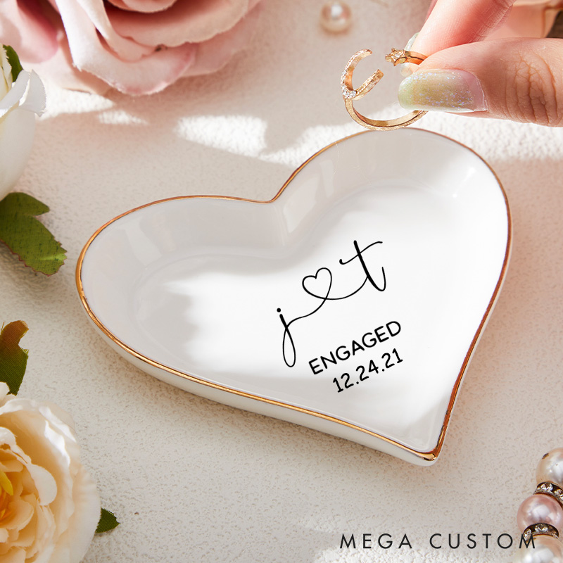 Personalized Heart-Connected Initials Engagement Monogram Engagement Gold-Trimmed Ring Dishes