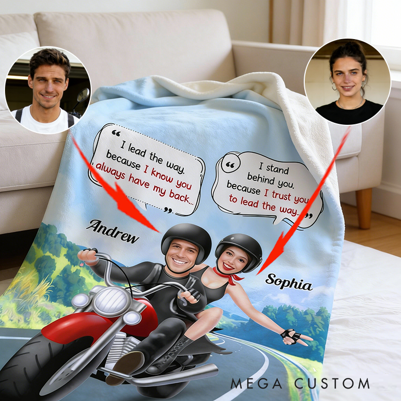 Personalized Biker Couple Blanket I Lead the Way Because I Know You Always Have My Back Blanket Gift for Motorcycle Lovers