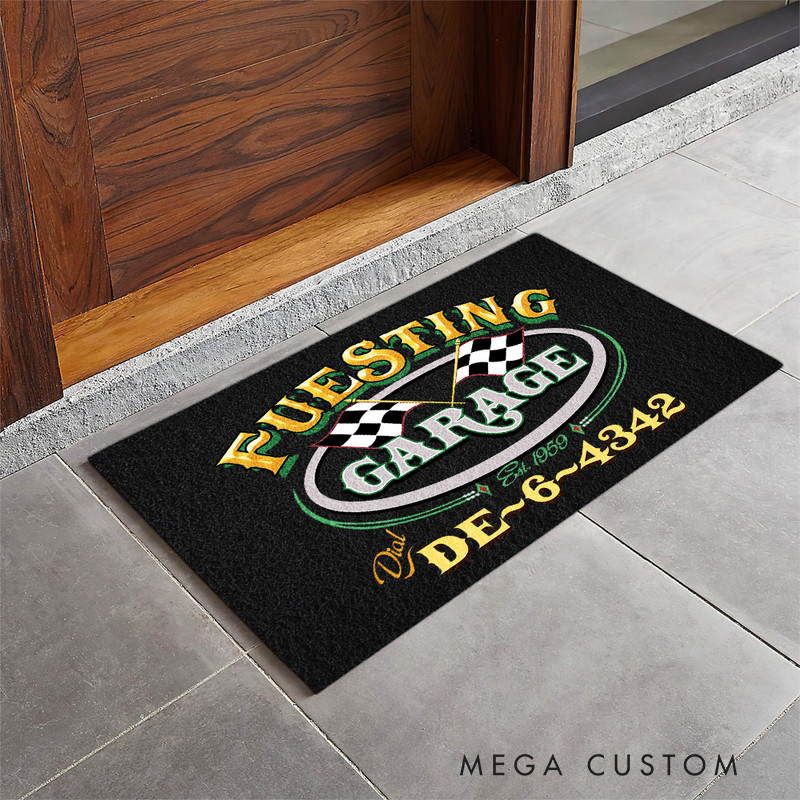 Personalized Checkered Flag Door Mat Custom Name Garage Welcome Mat for Racer and Racing Lovers