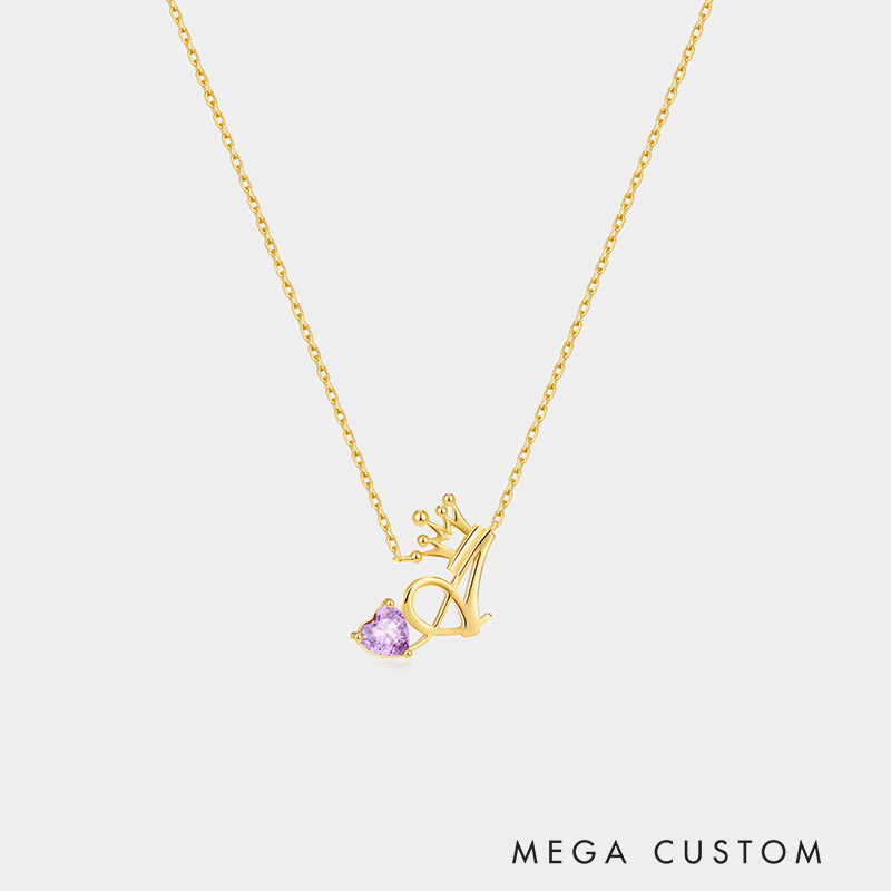 Personalized Sterling Silver Unique Shaped Initial Crown Birthstone Color Necklace