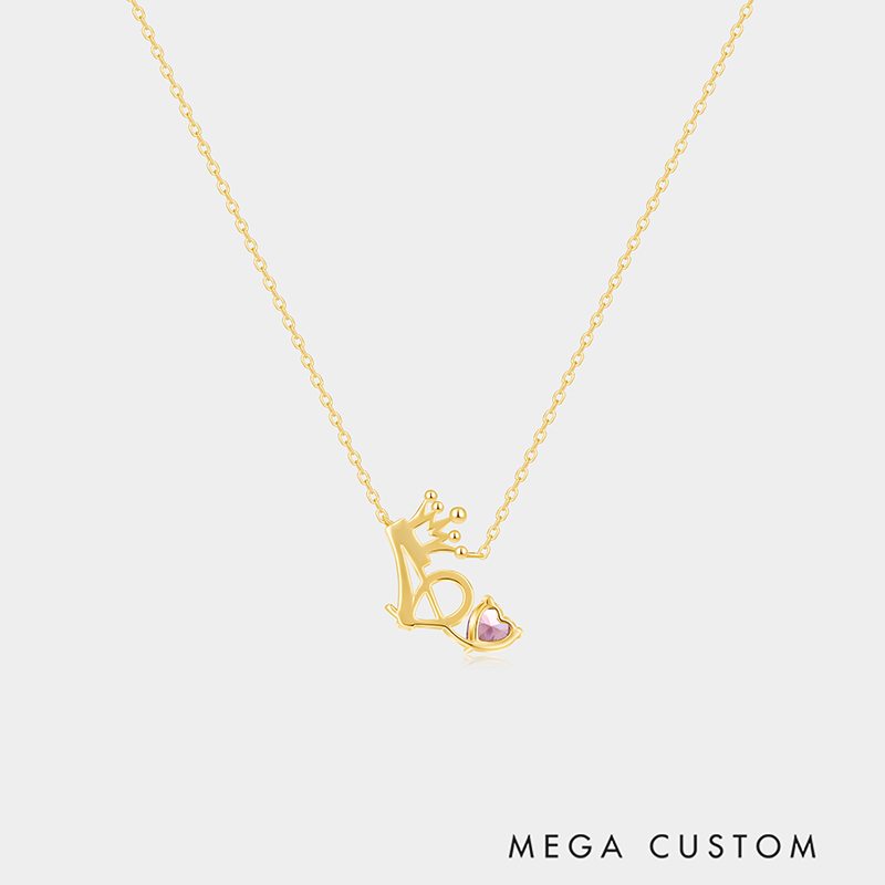 Personalized Sterling Silver Unique Shaped Initial Crown Birthstone Color Necklace