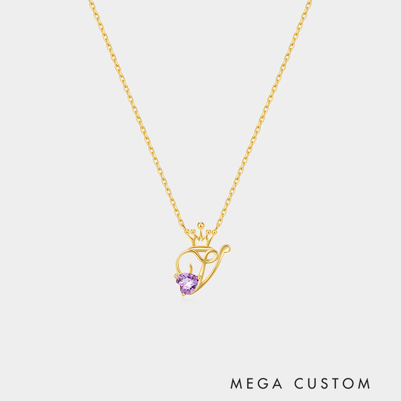 Personalized Sterling Silver Unique Shaped Initial Crown Birthstone Color Necklace