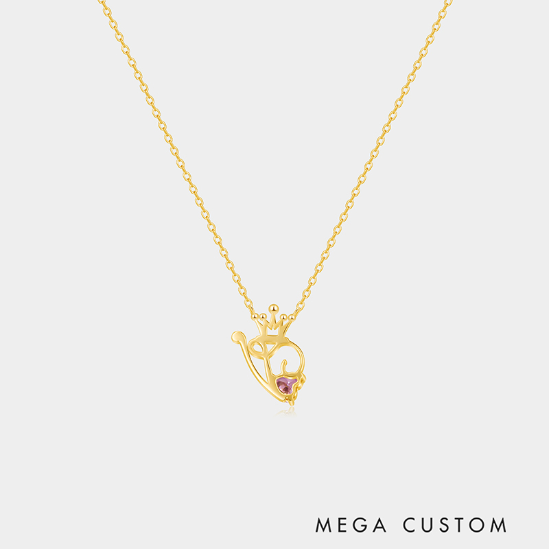 Personalized Sterling Silver Unique Shaped Initial Crown Birthstone Color Necklace