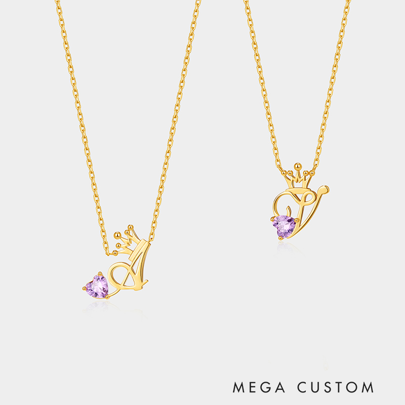 Personalized Sterling Silver Unique Shaped Initial Crown Birthstone Color Necklace