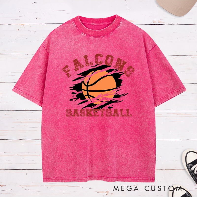 Personalized Washed T-Shirt Design Featuring Distressed Custom Team Name with Dynamic Basketball Graphic and Bold Vintage-Inspired Aesthetic