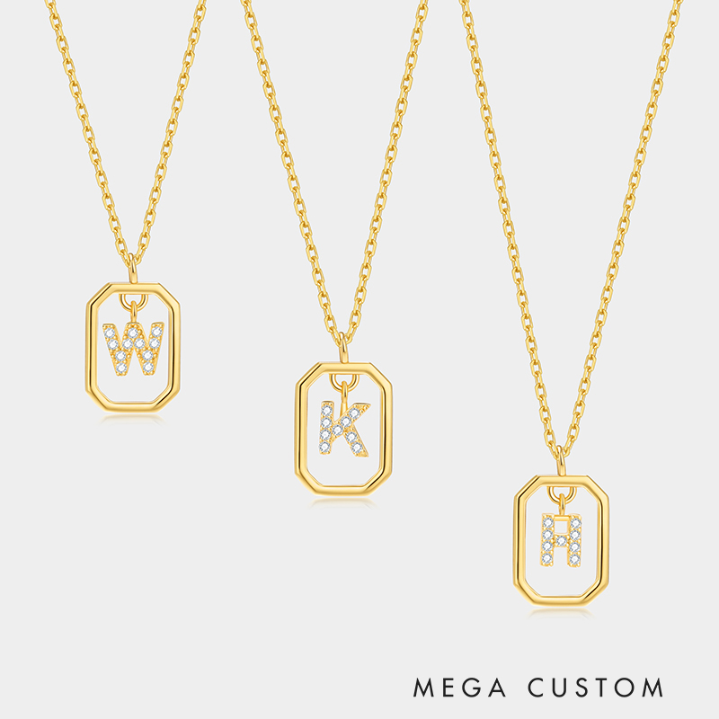 Personalized Sterling Silver 26 Letter Alphabet Octagon Framed Necklace with Custom Letter Choice