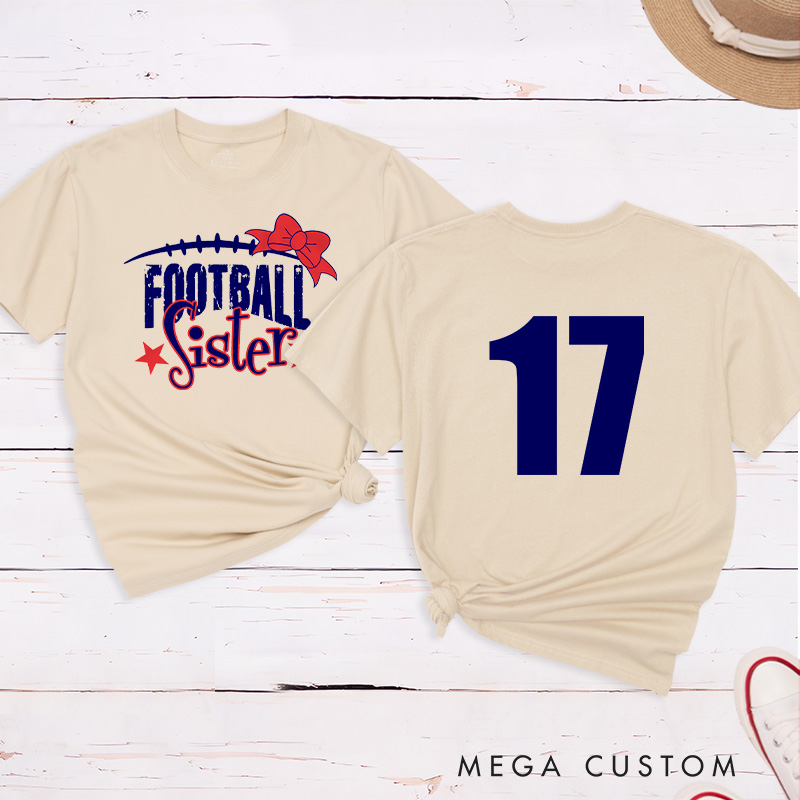 Personalized American Football and Rugby Bow Sister T-Shirts with Custom Numbers