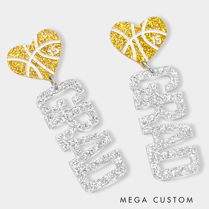 Personalized Acrylic Basketball Heart Earrings with Custom Name and Number