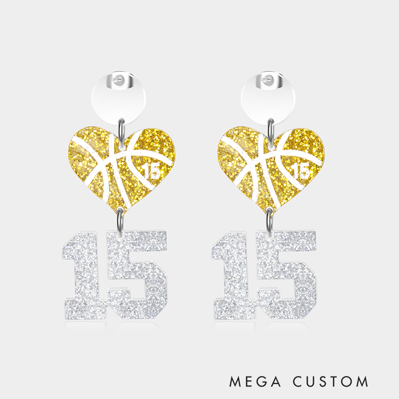 Personalized Acrylic Basketball Heart Hanging Numbers Earrings with Custom Name and Number