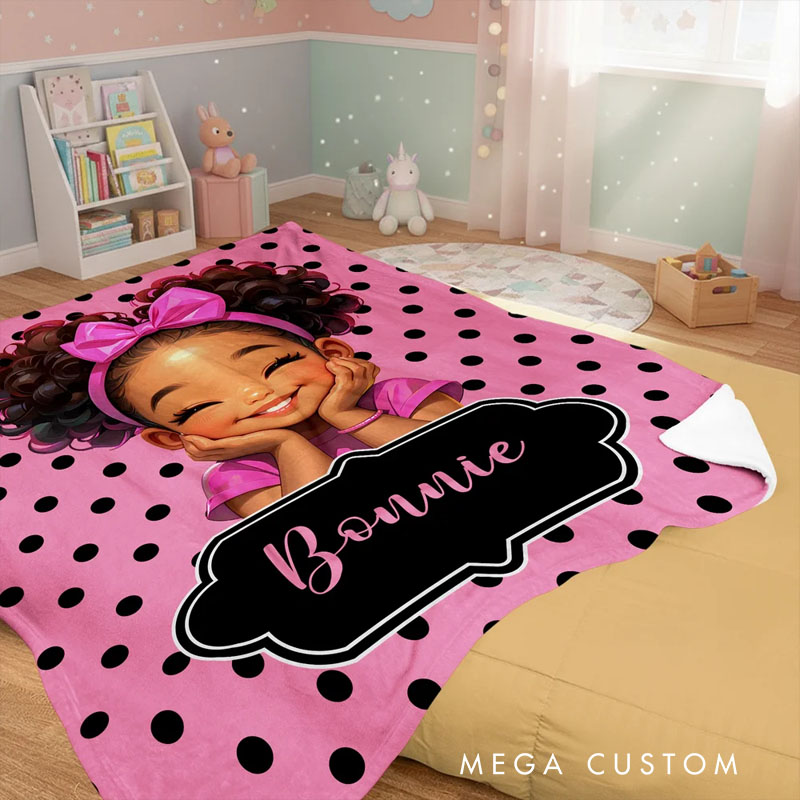 Personalized Polka Dots Cute Cartoon Little Girl Soft Throw Blanket with Name Home Decor Birthday Christmas Gift for African American Girl