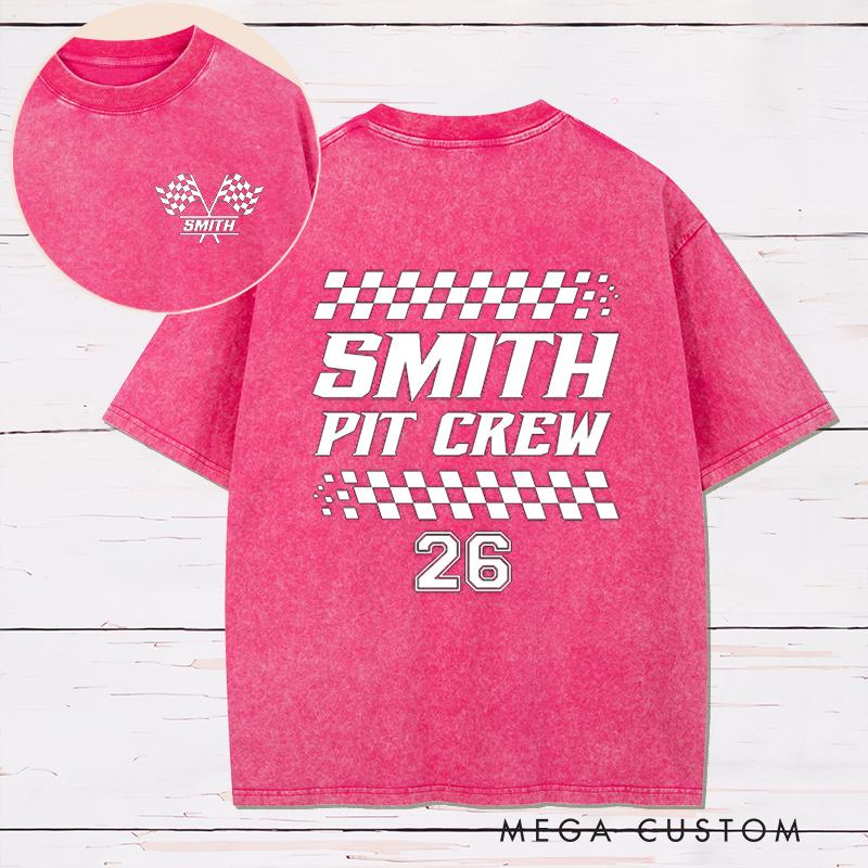 Personalized Racing Pit Crew Washed T‑Shirt Custom Name and Number Retro Vintage Racing Tee Car Lover Gift Matching Team Shirt