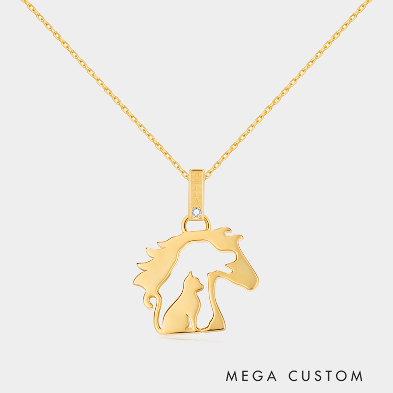 Personalized Sterling Silver Horse and Cat Silhouette Necklace with Custom Name Engraving Ideal Gifts for Women for Valentine's Day and Birthday