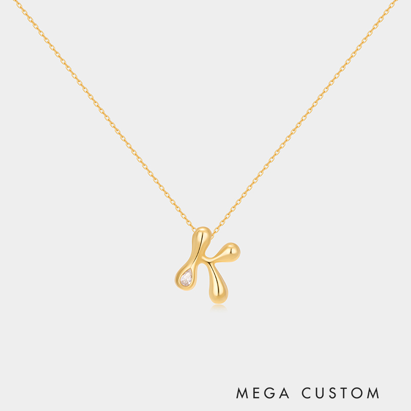 Personalized Sterling Silver Liquid Streamline Letter Necklace Custom Letter with Teardrop Rhinestone Accent Ideal Gifts for Her Valentine's Day Birthday