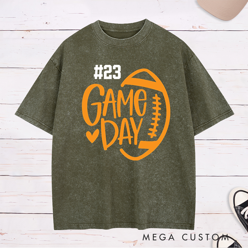 Personalized American Football and Rugby Washed T-Shirts Featuring Custom Number and City for Game Day