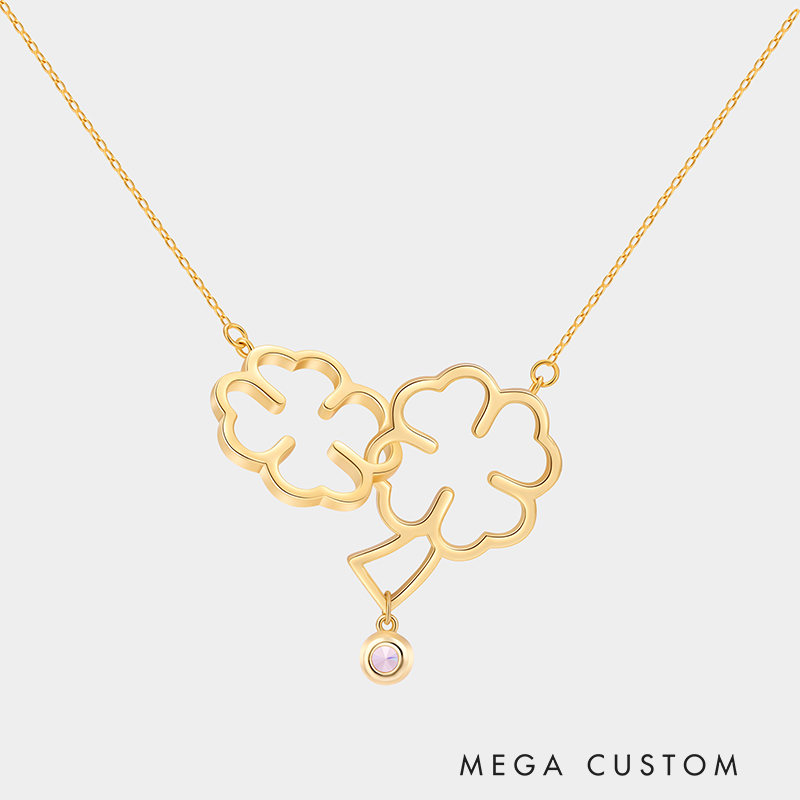 Personalized Sterling Silver Double Four-Leaf Clover Necklace with Custom Birthstone Accent Ideal Gifts for Her Valentine's Day Birthday