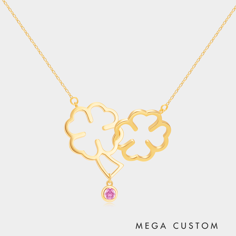 Personalized Sterling Silver Double Four-Leaf Clover Necklace with Custom Birthstone Accent Ideal Gifts for Her Valentine's Day Birthday