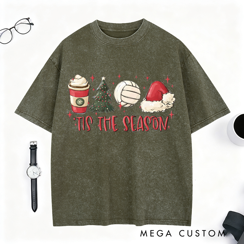 Personalized Washed T-Shirt – Festive Volleyball Design with Holiday Elements