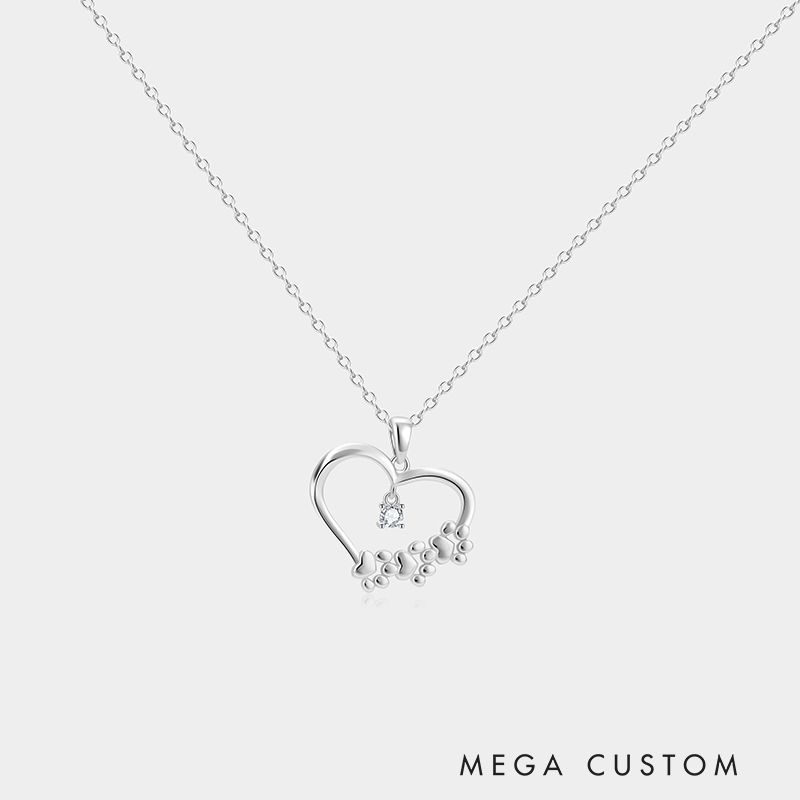 Personalized Sterling Silver Claw Print Interlocked Heart Pendant Necklace with Custom Birthstone Accent Perfect Gifts for Pet Lovers