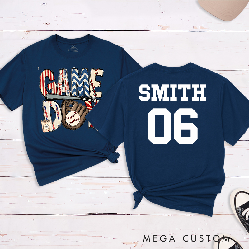 Personalized Patriotic "Game Day" Baseball T-Shirt with Custom Name and Number  