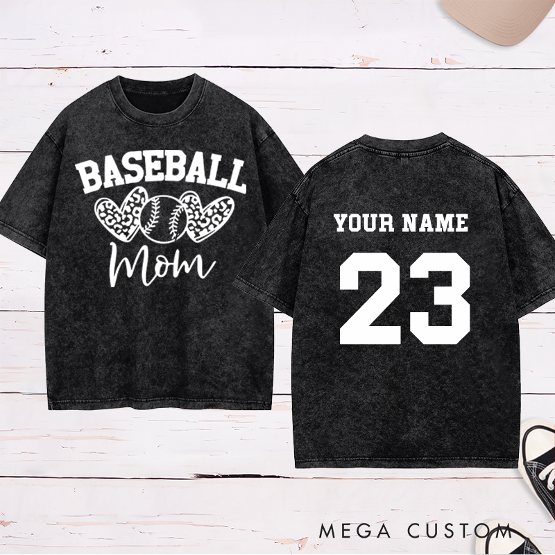 Personalized "Baseball Mom" Leopard Heart Washed T-Shirt with Custom Name and Number