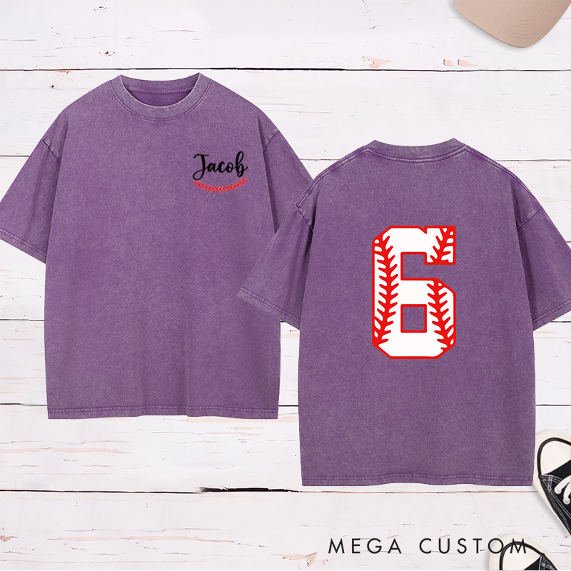 Personalized Sports Washed T-Shirt with Custom Name and Unique Baseball Stitch Number Design