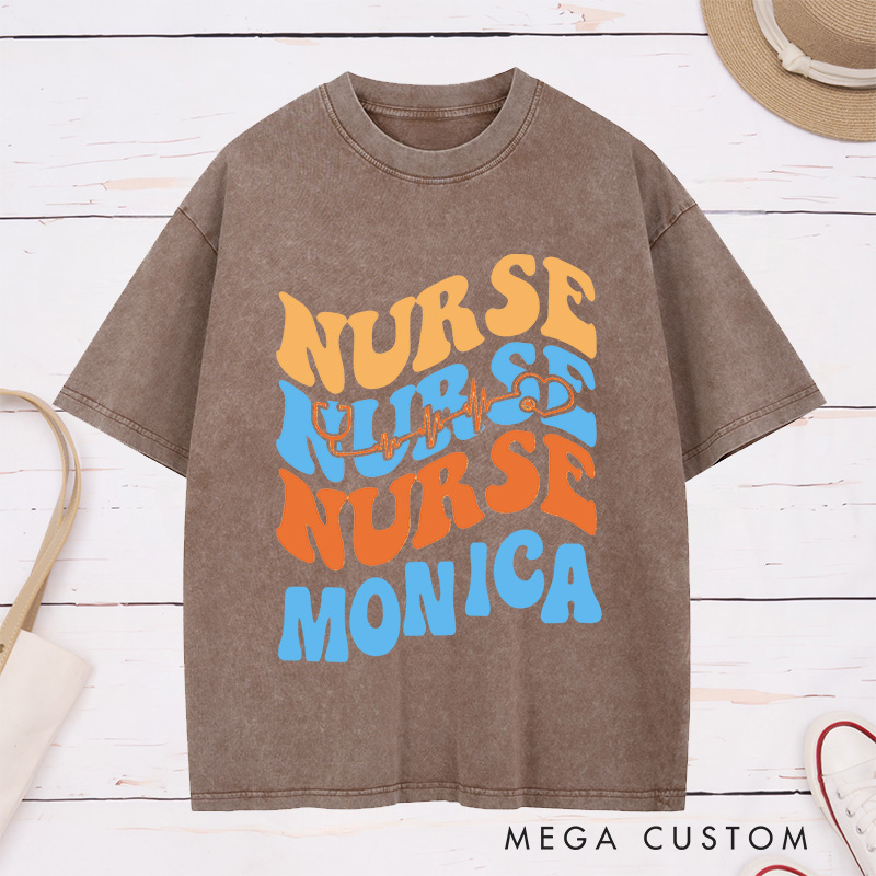 Personalized Nurse Washed T-Shirt Customized Heartbeat Nurse Design Washed T-Shirt 