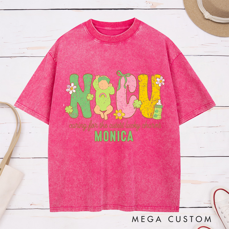 Personalized Nurse Washed T-Shirt Customized NICU Caring for the Cutest Lucky Charms Design Washed T-Shirt 