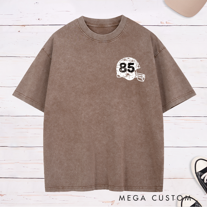 Personalized American Football Vintage Helmet Washed T-Shirt with Custom Number