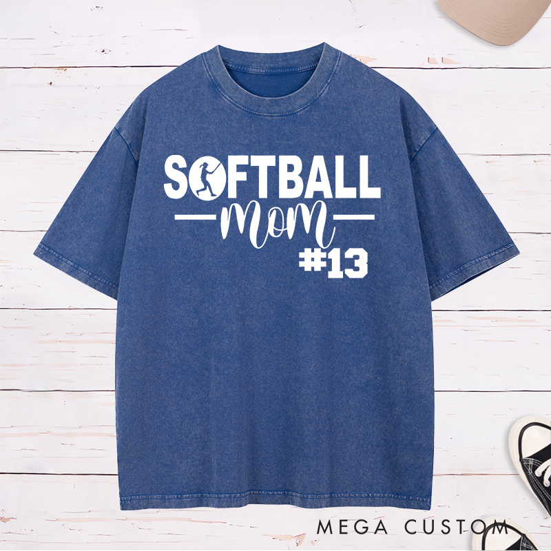 Personalized Softball Mom Washed T-Shirt Design Featuring Bold Text Player Number and a Stylish Softball Silhouette Graphic