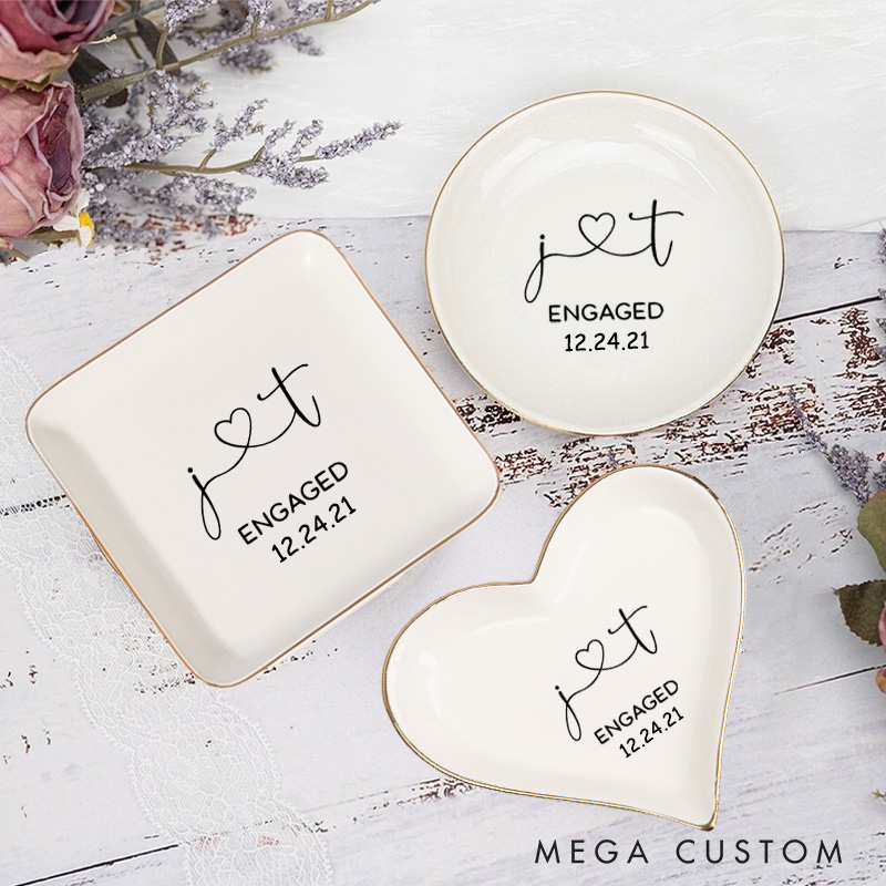 Personalized Heart-Connected Initials Engagement Monogram Engagement Gold-Trimmed Ring Dishes