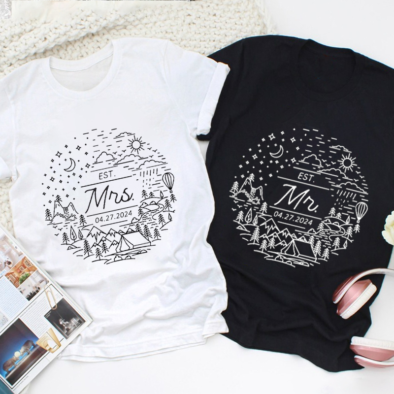 Personalized Charming Mr and Mrs Scenic Adventure Line Art Wedding Couple Classic T-Shirt
