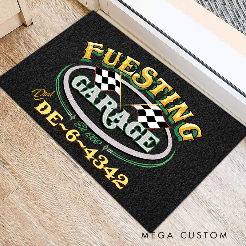 Personalized Checkered Flag Door Mat Custom Name Garage Welcome Mat for Racer and Racing Lovers