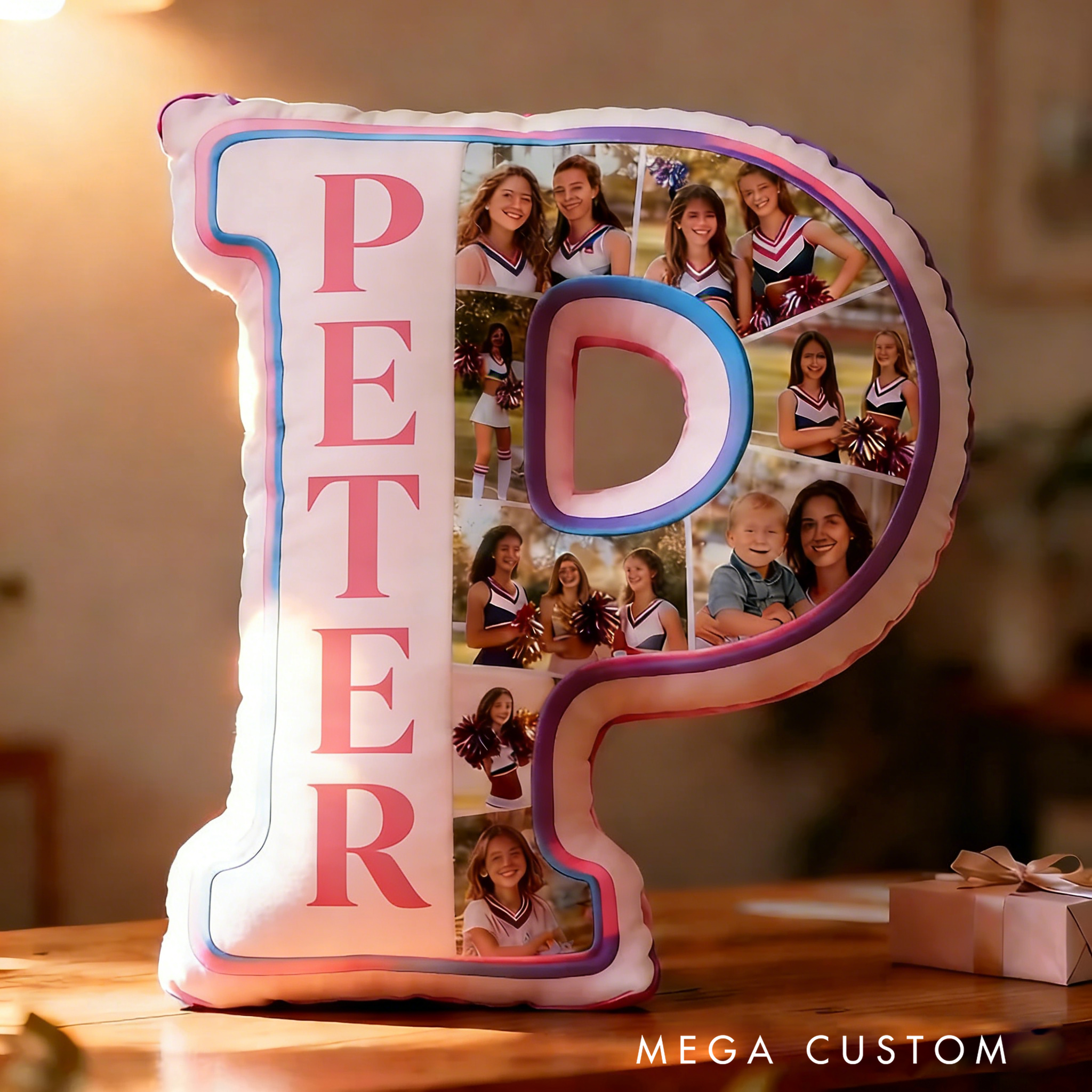 Personalized Cheerleader Photo Collage Initial Pillow with Custom Name for Family and Friends