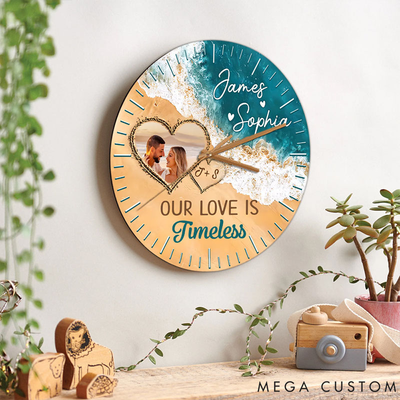 Personalized Couple Photo Our Love is Timeless Wall Clock Custom Beach-inspired Wall Clock with Couple Photo Anniversary Gift Valentine's Day Gift