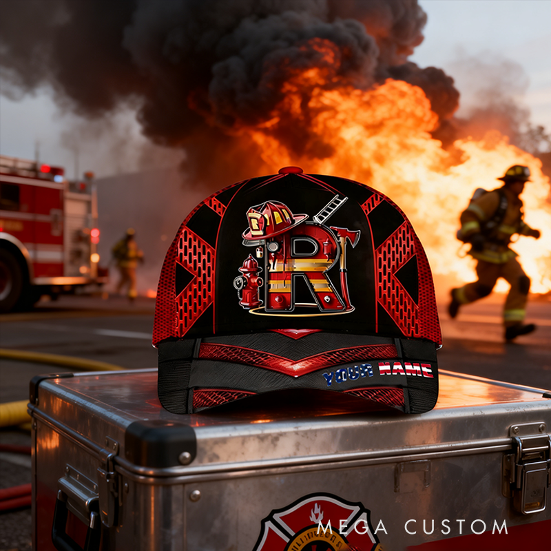 Personalized Firefighter Gifts Custom Name and Initial Alphabet Full Print Cap Firefighter Helmet Hydrant Graphic Hat for Firemen