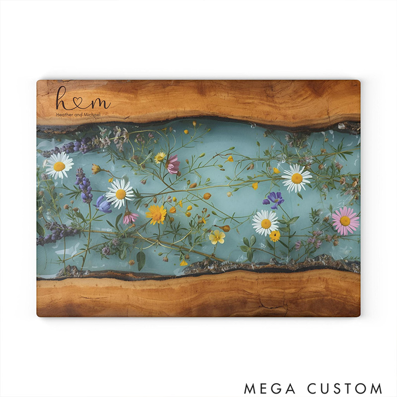 Personalized Glass Charcuterie Board Custom Couples Names Cutting Board Maple Wildflower Design Married Wedding Gift