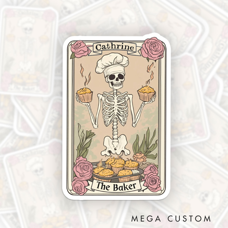 Personalized Baker Skeleton Tarot Card Sticker Baking Lover Stickers with Name Halloween Skeleton Baker Stickers Gift Baking Lover Gift