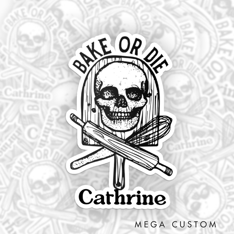 Personalized Bake or Die Baking Sticker Pen and Ink Drawing of a Skull Stickers with Name Baker Sticker Baking Lover Gift